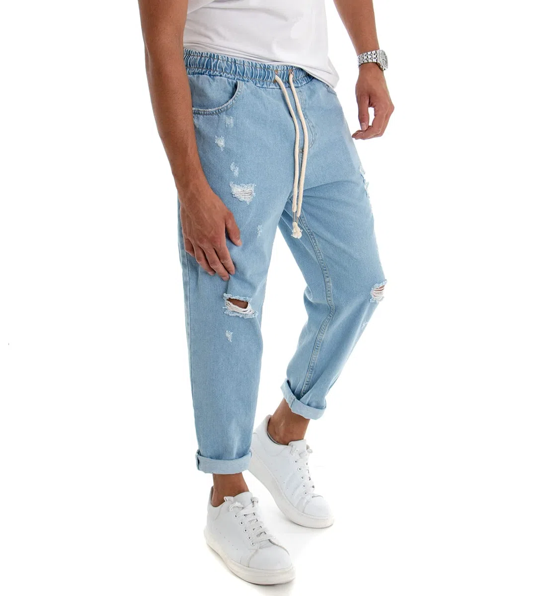 Pantalone Uomo Jeans Tinta Unita Rotture Elastico Coulisse