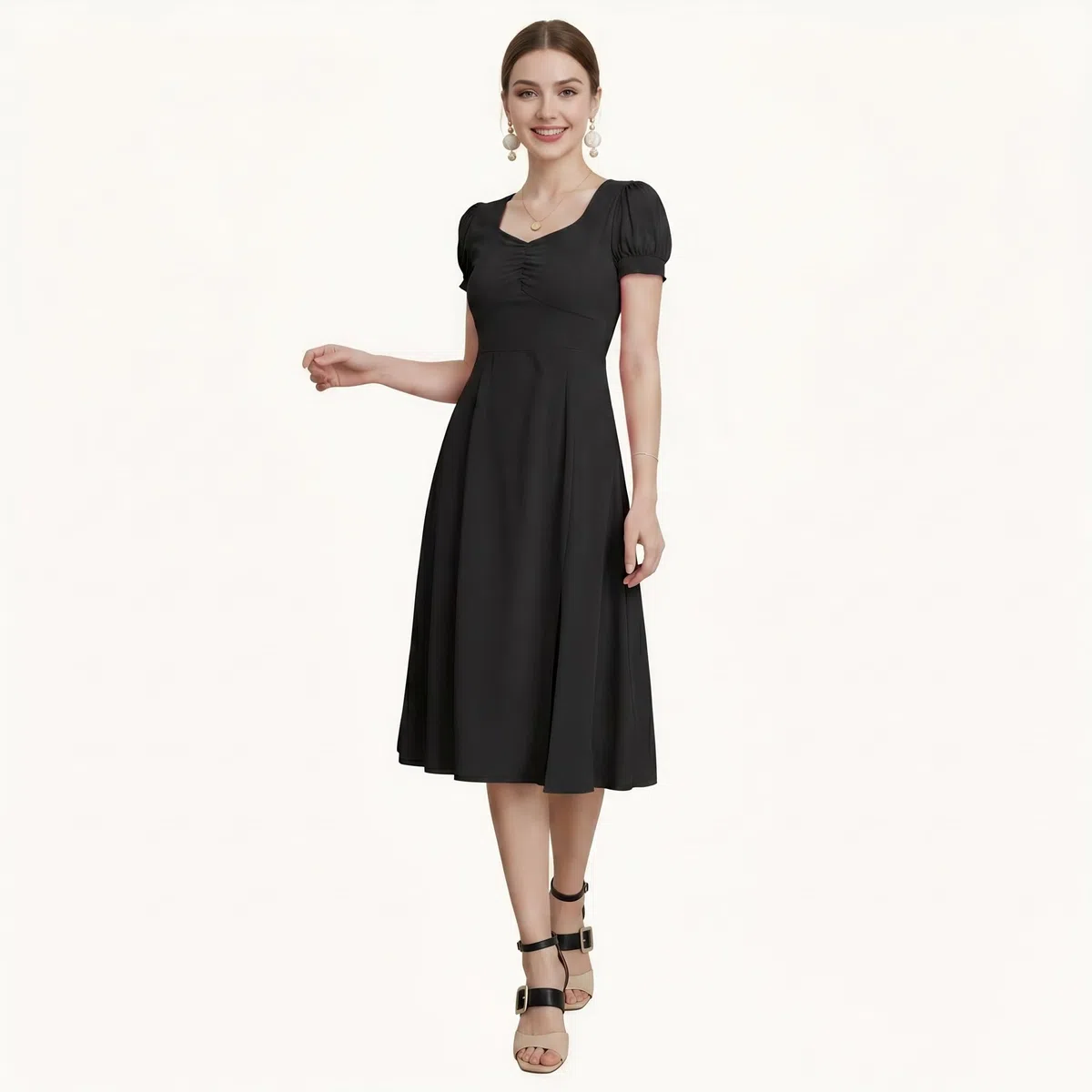 Vestiti Donna Estivi Eleganti Leggeri Manica Corta Vita Alta Abito Midi A Line con Scollo Quadrato e Spacco Laterale