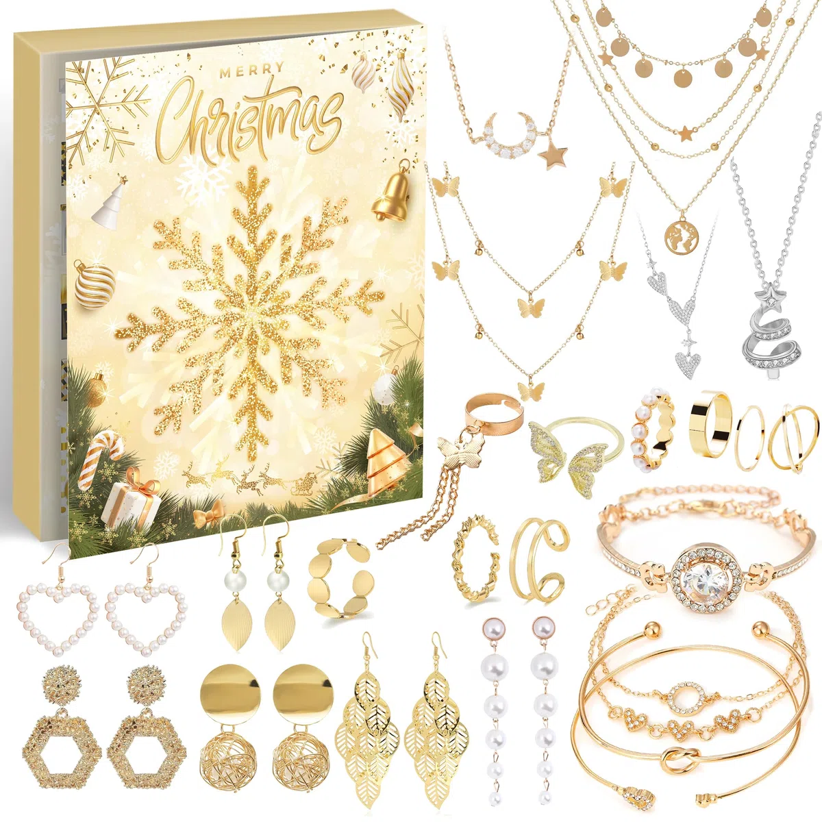 Calendario dell'Avvento Gioielli 2025, 24 sorprese con bracciali, collane e orecchini, set di gioielli da donna, regalo di Natale per donne, ragazze, adolescenti, bambini (oro)