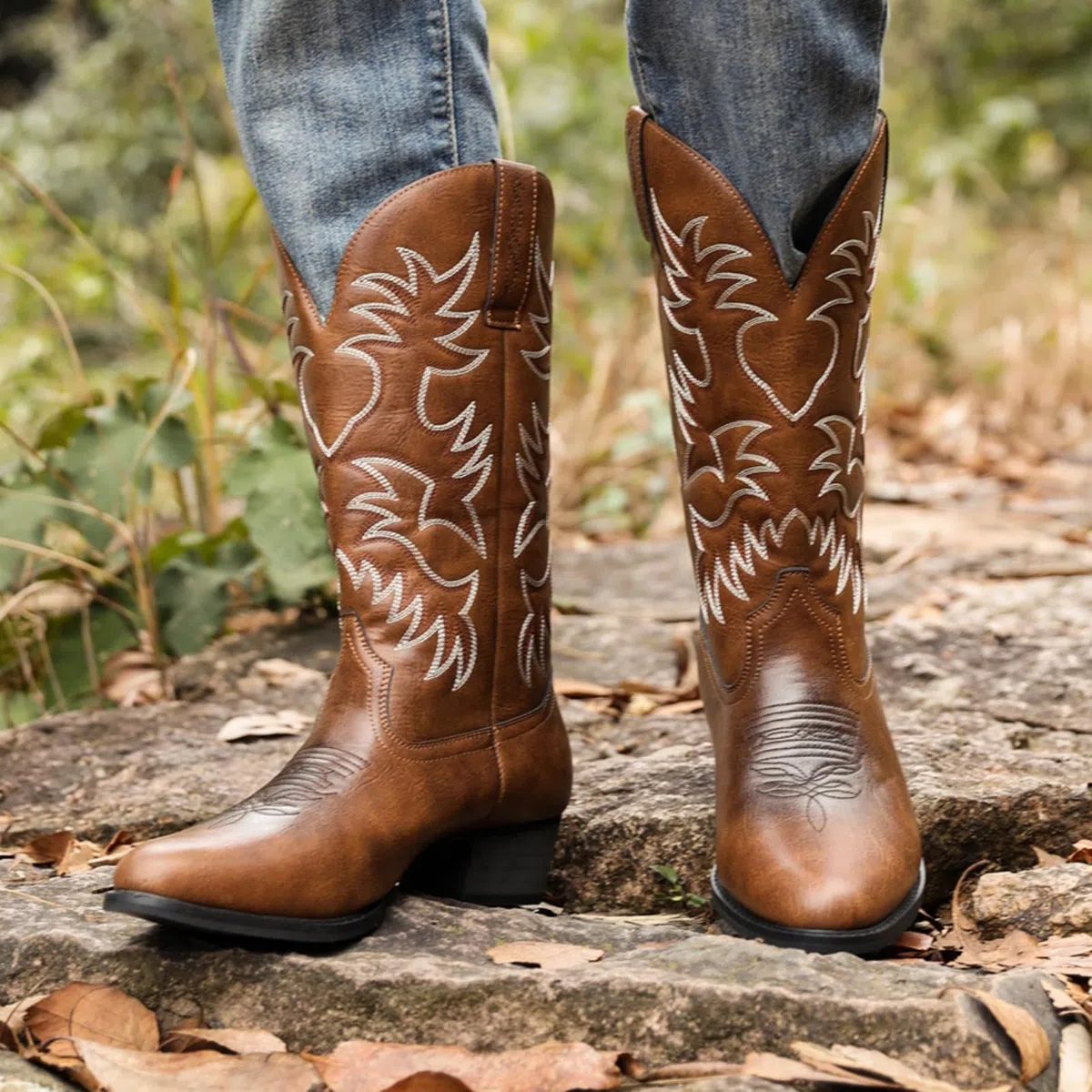 ANUFER Uomo Elegante Ricamato Stivali da Cowboy Occidentale Tacco a Punta Antiscivolo Stivali a Metà Polpaccio SN071164