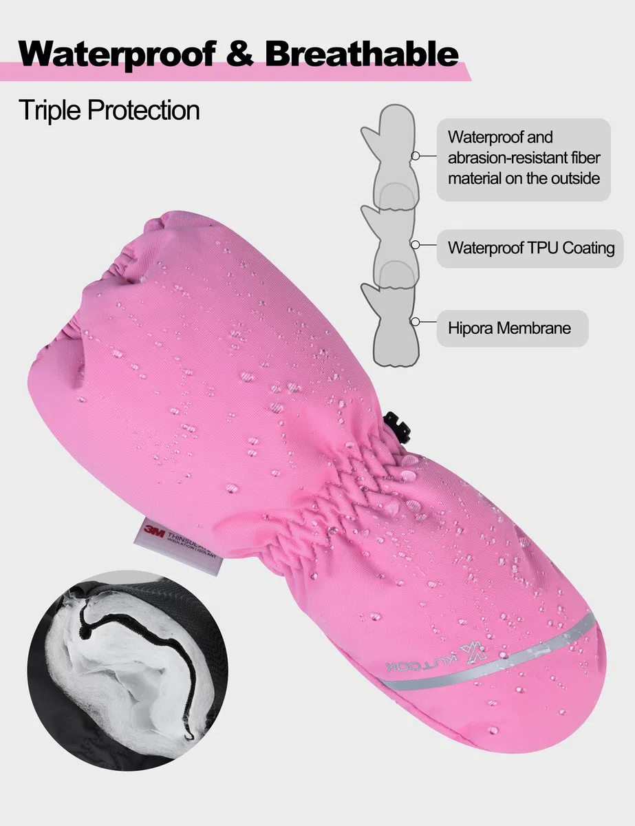 KUTOOK Guanti da Sci per Bambini 2-8 Anni Guanti Invernali Caldi Guanti Neve Bambina Guanti Impermeabili Bambino Termici per Slittino Snowboard Pattinaggio Ciclismo Corsa