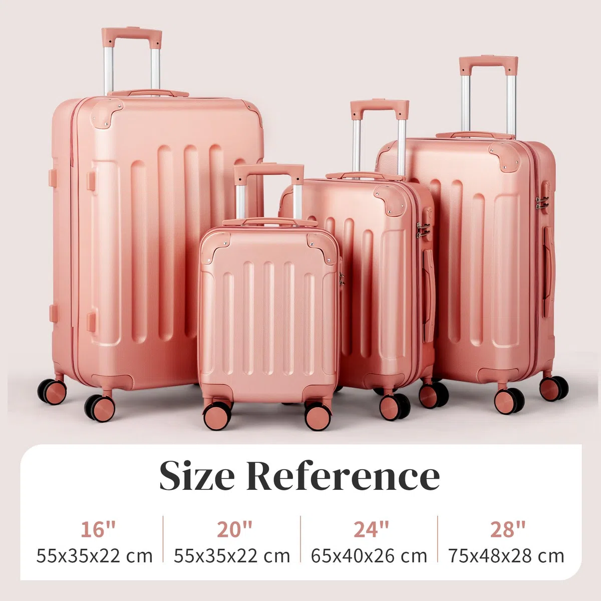 LEADZM Set di Valigie Rigide 4 Pezzi, Set Valigie con Rinforzi Angolari, Luggage Suitcase Grande 23 kg in ABS (Rosa oro)