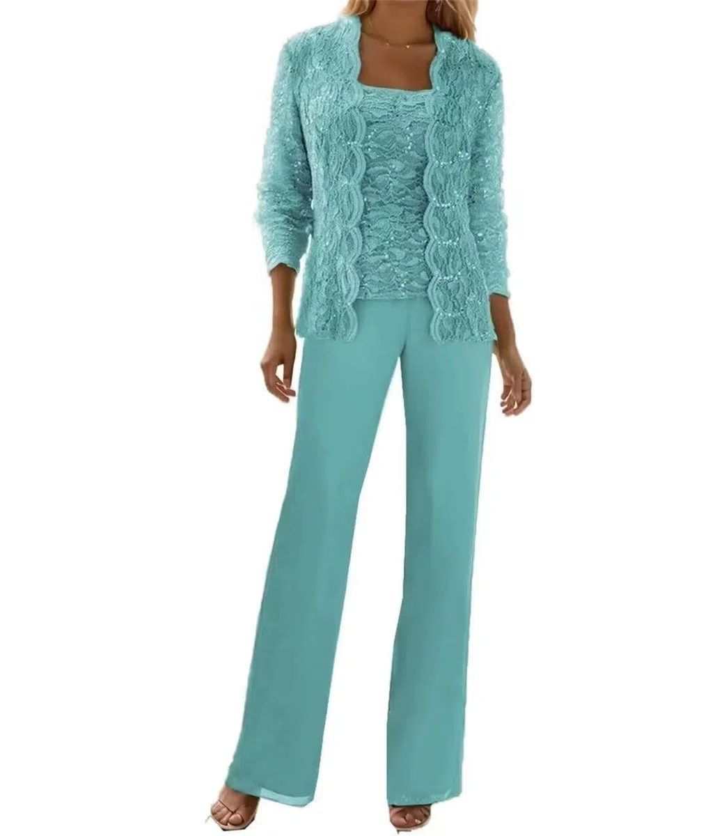 3 Pezzi Pizzo Chiffon Madre della Sposa Pantaloni Abiti con Giacche Paillettes Abiti da Sposa per Le Donne