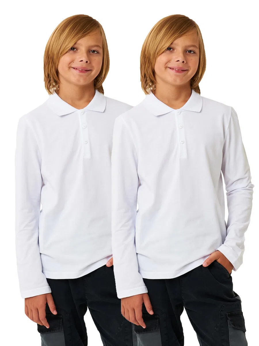 MOR Polo da ragazzo a maniche lunghe, confezione da 2 – Camicie da scuola bianche in 100% cotone, taglie 122-170 cm (7-14 anni)