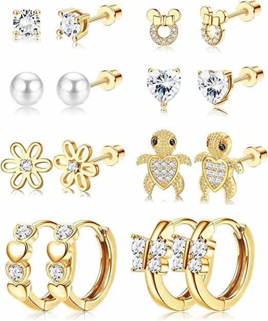 LOLIAS 10 Pairs Carino Vite Indietro Orecchini Donne Ragazze In Acciaio Inox Multicolore Cuore Fiore Farfalla Arcobaleno CZ Orecchini Anallergico Screwback Orecchino Della Vite Prigioniera
