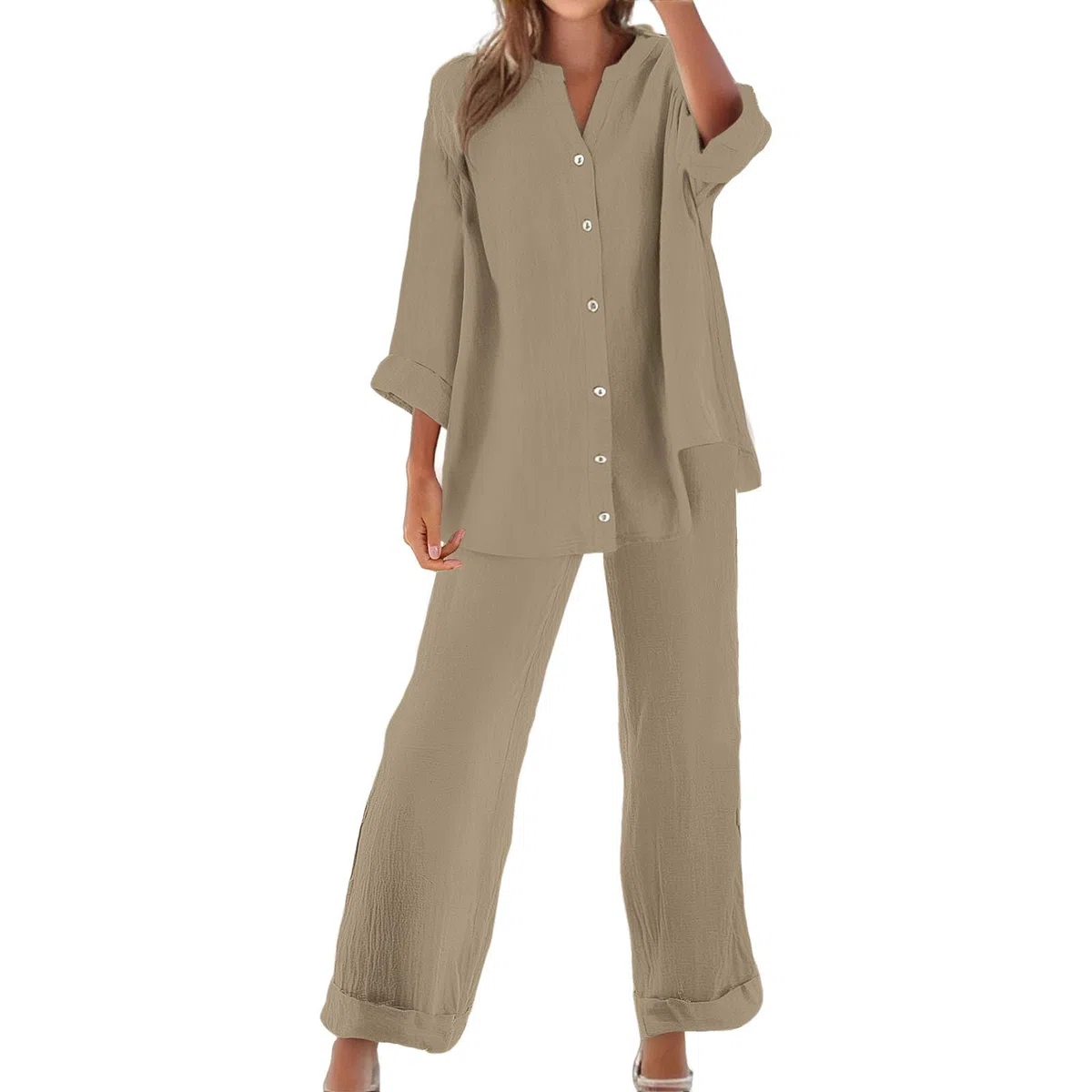 Tuta Lino Donna Estiva Elegante Coordinato Larghi Camicia + Pantaloni Leggera Cotone E Lino Estivo Tute Da Ginnastica Primavera Curvy Set Due Pezzi Maniche 3/4 Jogging Traspirante Set Spiaggia