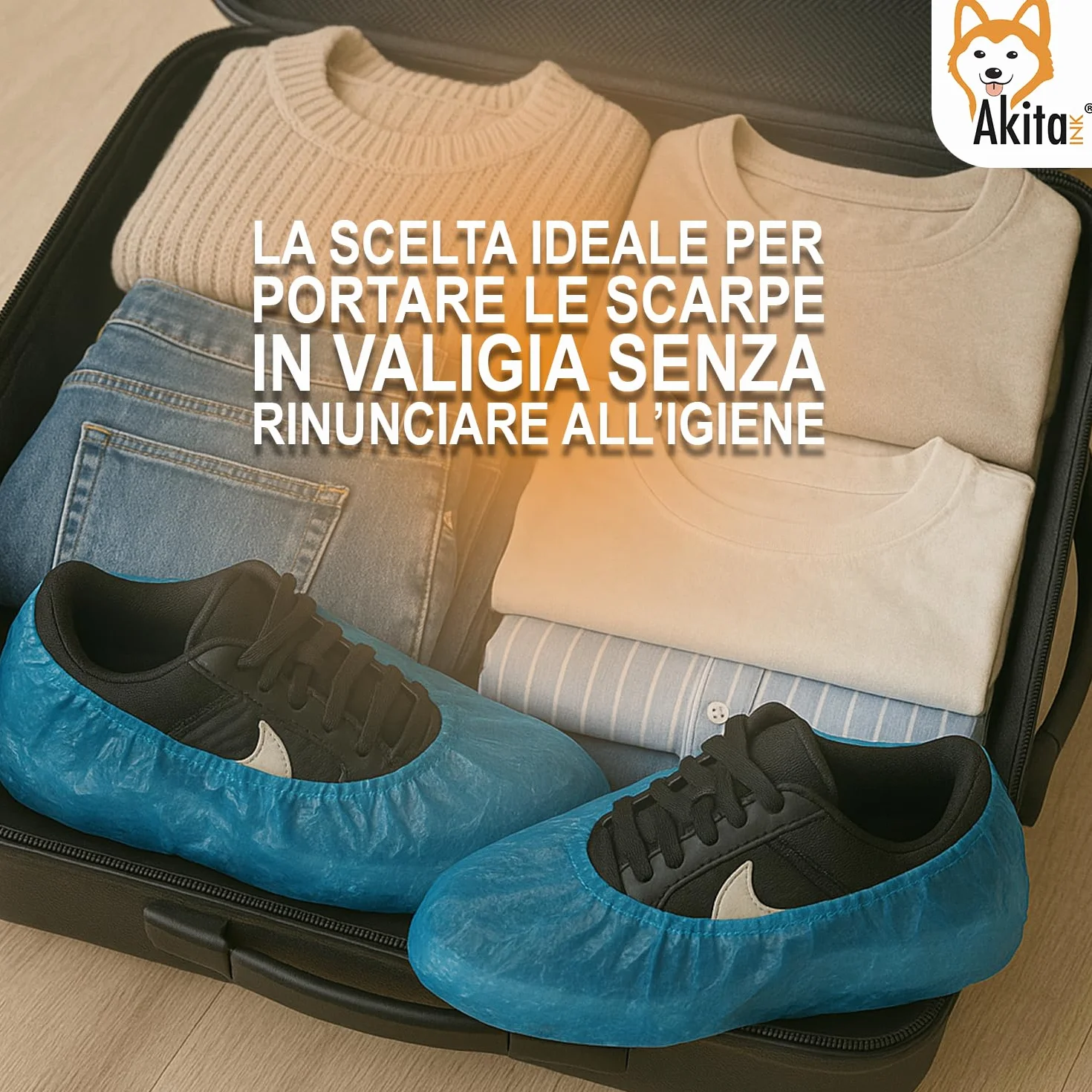 AKITAInk 100 Copriscarpe Monouso Resistenti | CPE, Impermeabili, Blu, Fondo Goffrato, Taglia Unica Fino al 48, DPI Dispositivi di Protezione Individuale per Pulizia, Cliniche, SPA, Giardinaggio