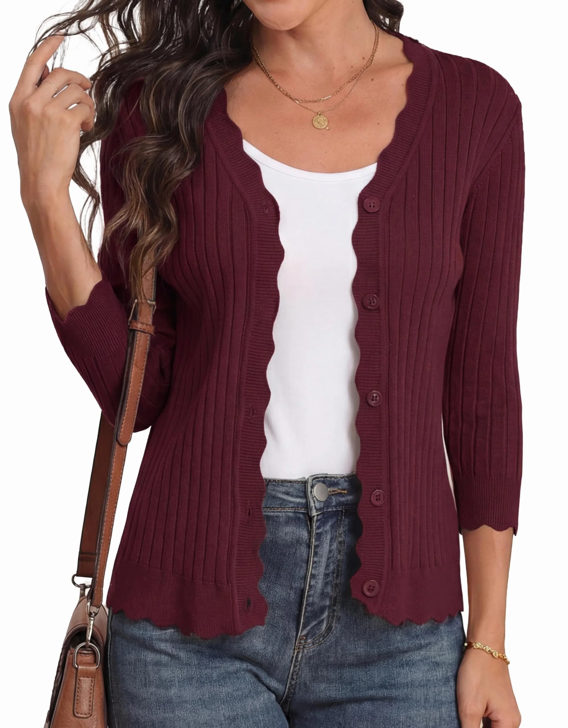 GRECERELLE Cardigan da donna con maniche a 3/4, elegante cardigan con orlo ondulato, scollo a V, giacca leggera a costine per l'estate e le mezze stagioni