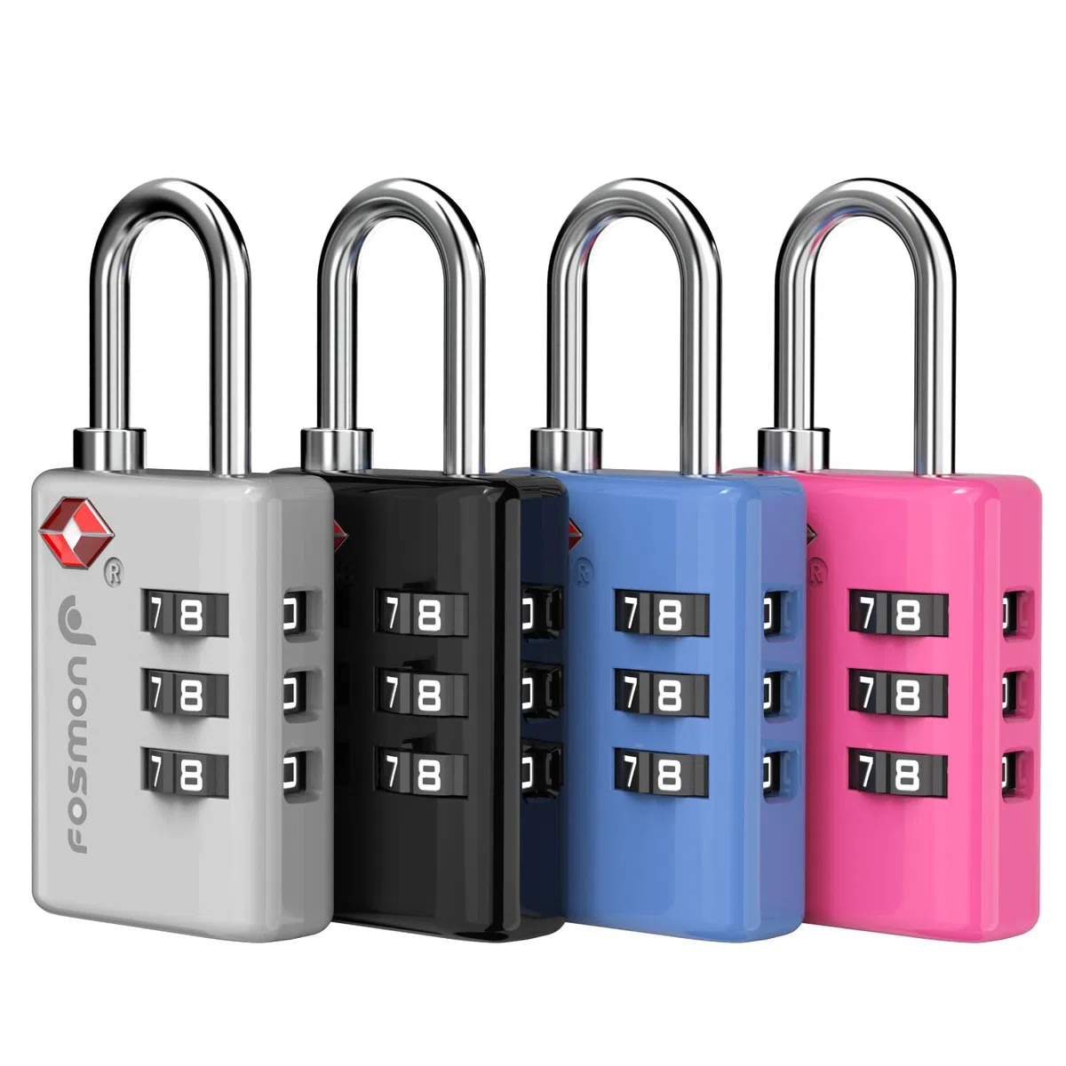 Fosmon TSA - Lucchetto per bagagli accettato, confezione da 4, con indicatore di allarme aperto, combinazione a 3 cifre, con corpo in lega, per borsa da viaggio, valigia, armadietti, palestra,