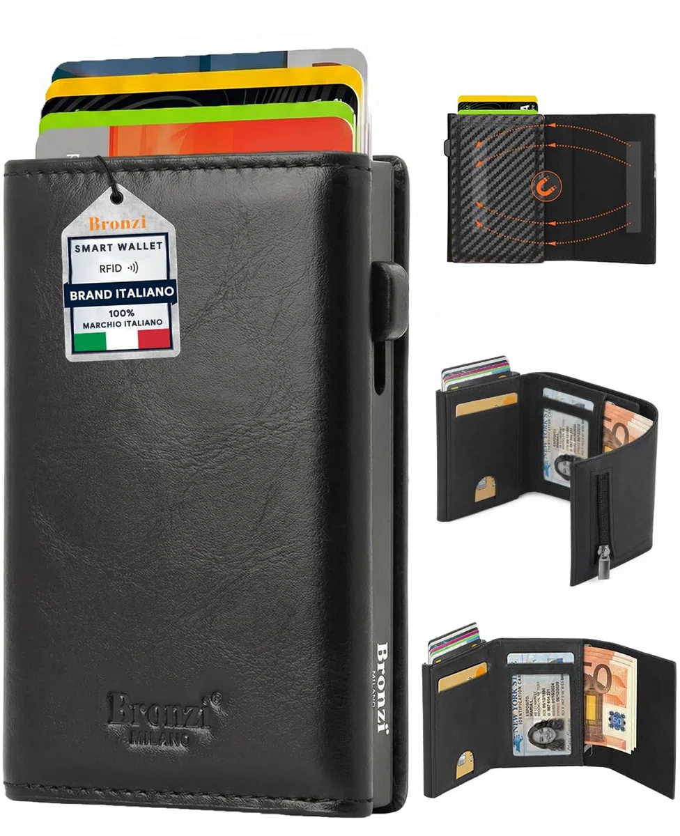 Bronzi® Portafoglio Uomo Slim Piccolo | Portacarte Uomo Donna Portatessere Porta Carte Di Credito | Portafogli Mini Protezione RFID con Portamonete | Box Regalo - Brand Italiano |