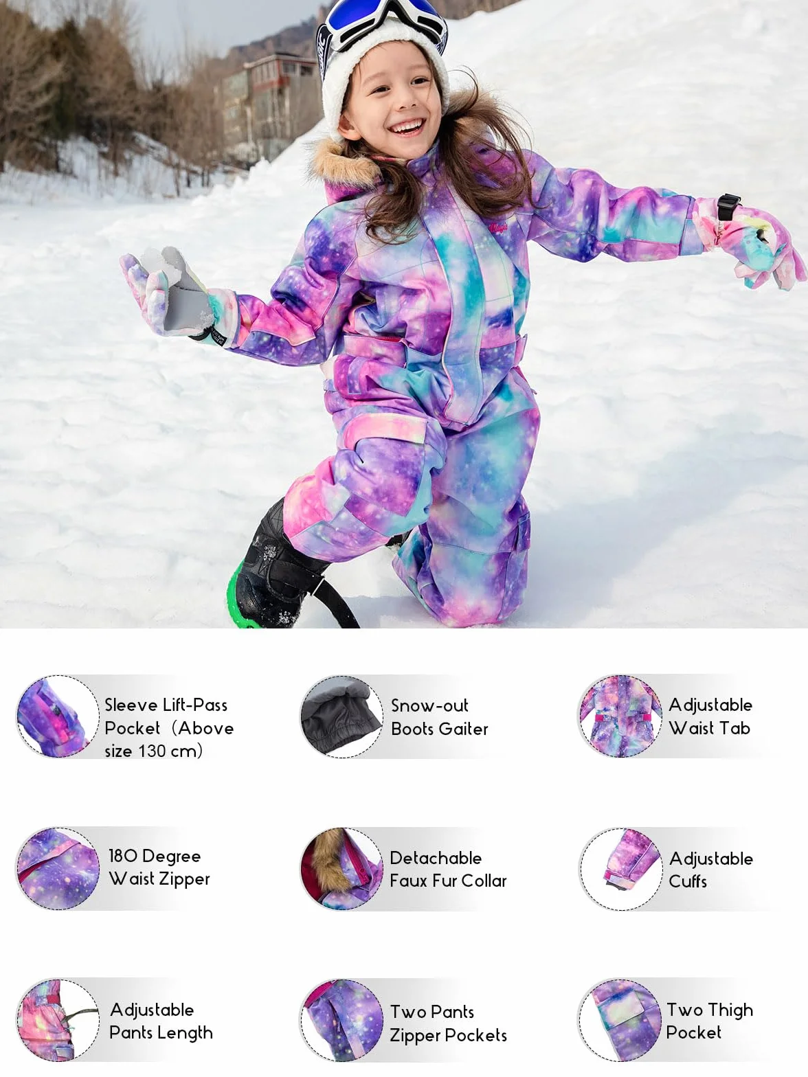 Bluemagic Tute da Neve Bambino e Ragazzi, Tute da Sci Bambine e Ragazze, Tuta da Neve di un Pezzo Bambini Invernale Outdoor Antivento, Calda, Impermeabile e Traspirante, Apertura con Cerniera