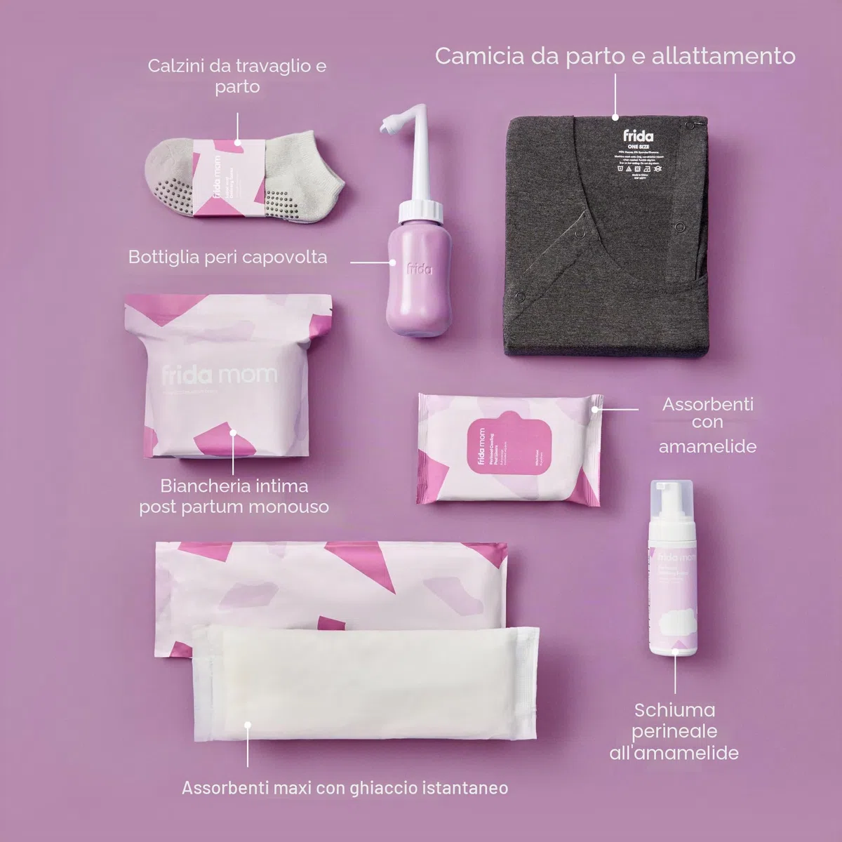 Frida Mom- Kit per il travaglio e recupero post-parto,include: Camicia da notte,Biancheria intima post-parto,Peri Bottle,Maxi assorbenti,Salviette refrigeranti,Schiuma all'amamelide,Calze antiscivolo