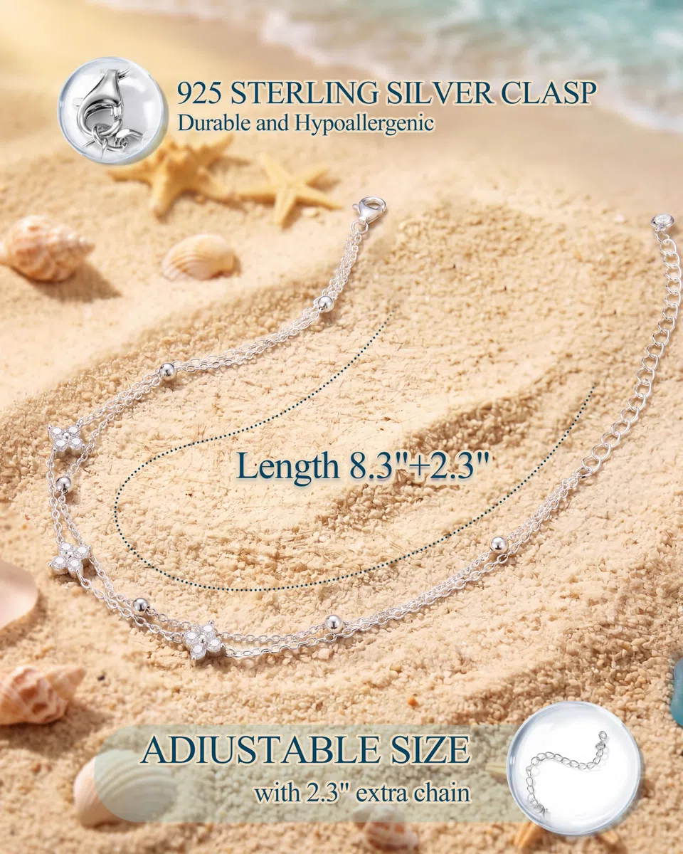 Chriscoco Cavigliera Donna Argento 925 Regolabile Cavigliera Argento 925 Cavigliere Farfalla Cuore CZ Doppio Impermeabili Cavigliere Spiaggia Gioielli per Donna Ragazza