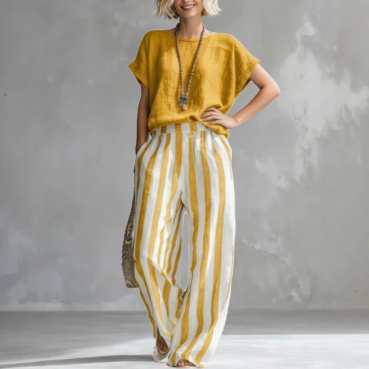 Completo Donna Elegante Completi Lino Estivo Tailleur Donna Estivo Relax Tuta Righe Pantalone Tempo Libero Slim Fit T-Shirt Coordinati Stile Boho Set da a Maniche Corte Abbinato Adatto All’Estate