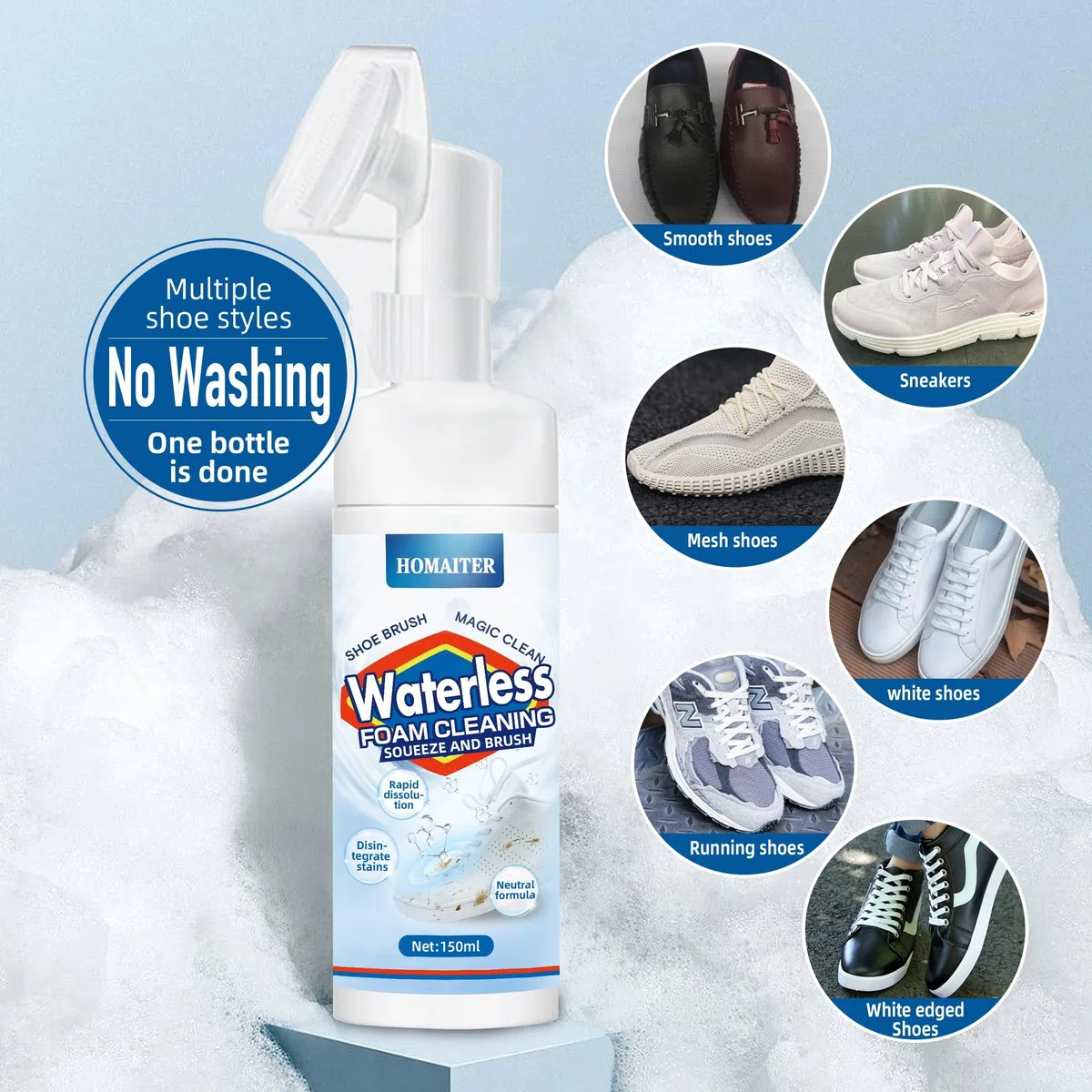 Kit di pulizia per scarpe da ginnastica in schiuma senza acqua, 150 ml, per pulire scarpe bianche, camoscio, stivali, tela, PU, tessuto, ecc. Kit di pulizia ecologico per scarpe da ginnastica