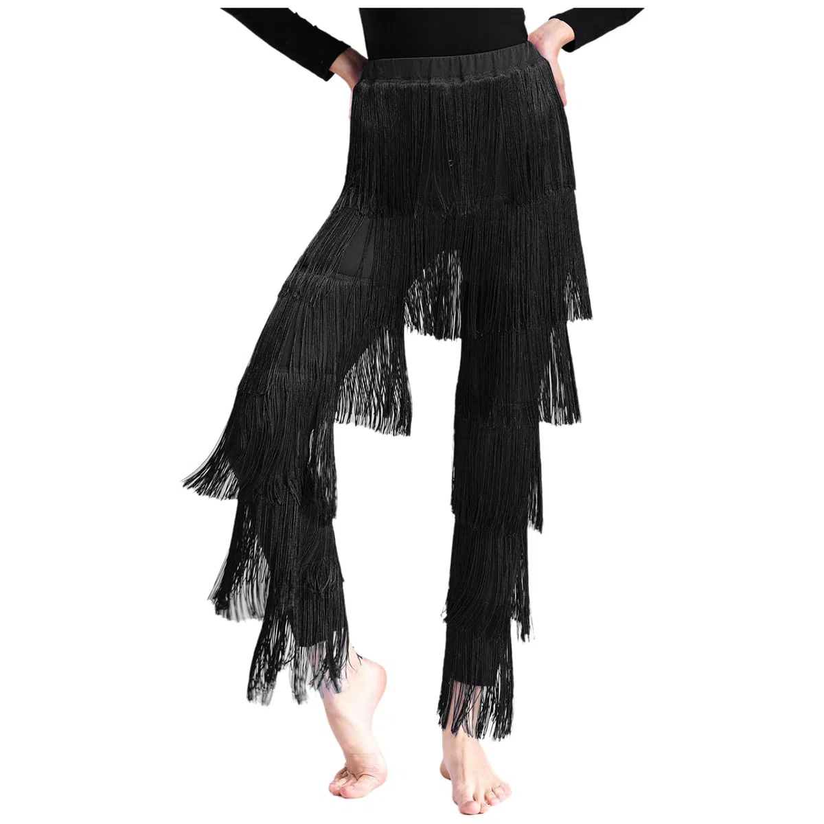 Pantaloni da danza latina con frange da donna, pantaloni da danza Rumba Tango Chacha Salsa, costume da ballo