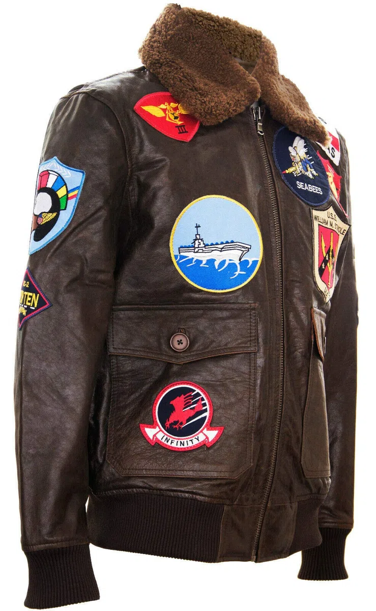 Infinity Leather Giubbotto Bomber da Uomo in Pelle con Collo e Toppe in Pelle di Pecora Stile Top Gun Air Force A2 Flight