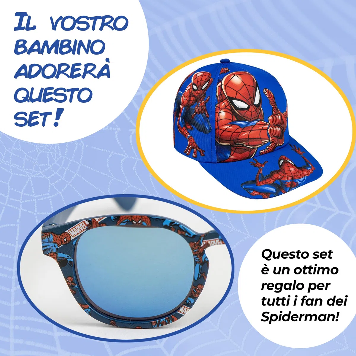 Cappello e Occhiali da Sole Spider-Man Bambino – Set 2 Pezzi Marvel, Berretto Baseball Blu e Rosso + Occhiali UV 100%, Bambini 5-12 Anni