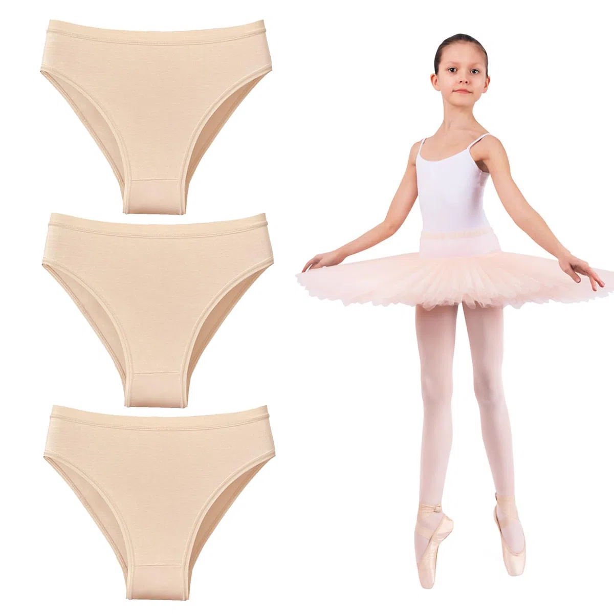 Artomnivera 3 Pack Girls Dance Underwear – Seamless High-Waisted Ballet Knickers for Dance Gymnastics – Skin Coloured Pants for Girls Aged 3–12 – Nude Ballet Briefs & Gym Pants