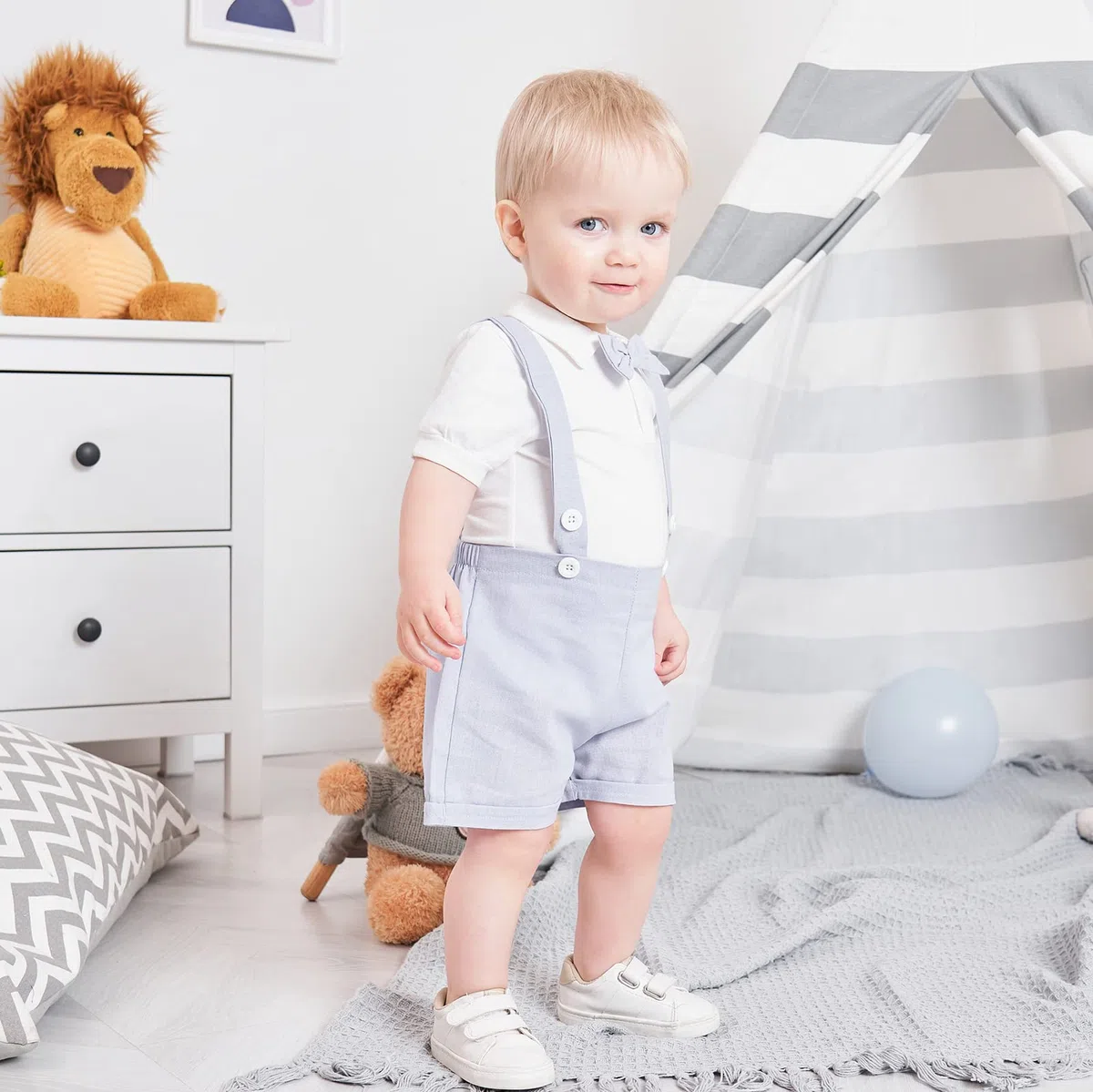 Gajaous Completi da Gentiluomo per Neonato, Pagliaccetto con Papillon a Manica Corta per Bambini + Pantaloncini con Bretelle