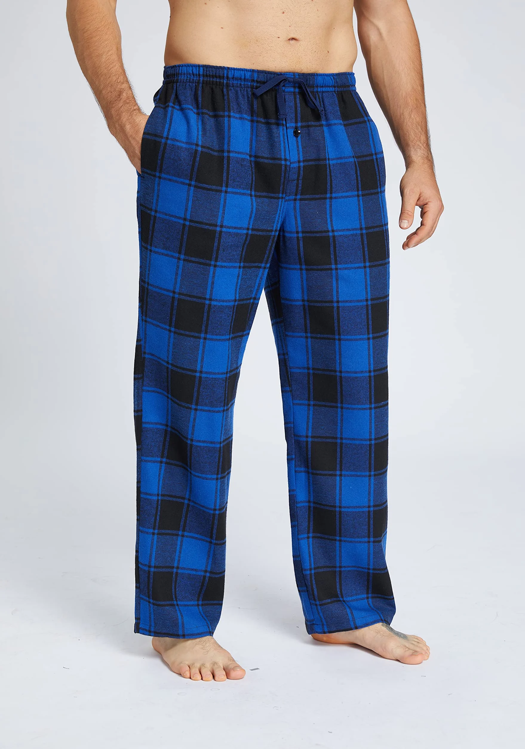 Pantaloni del pigiama da uomo in flanella di cotone con tasche laterali e coulisse, pantaloni da notte lunghi e rilassanti per la casa