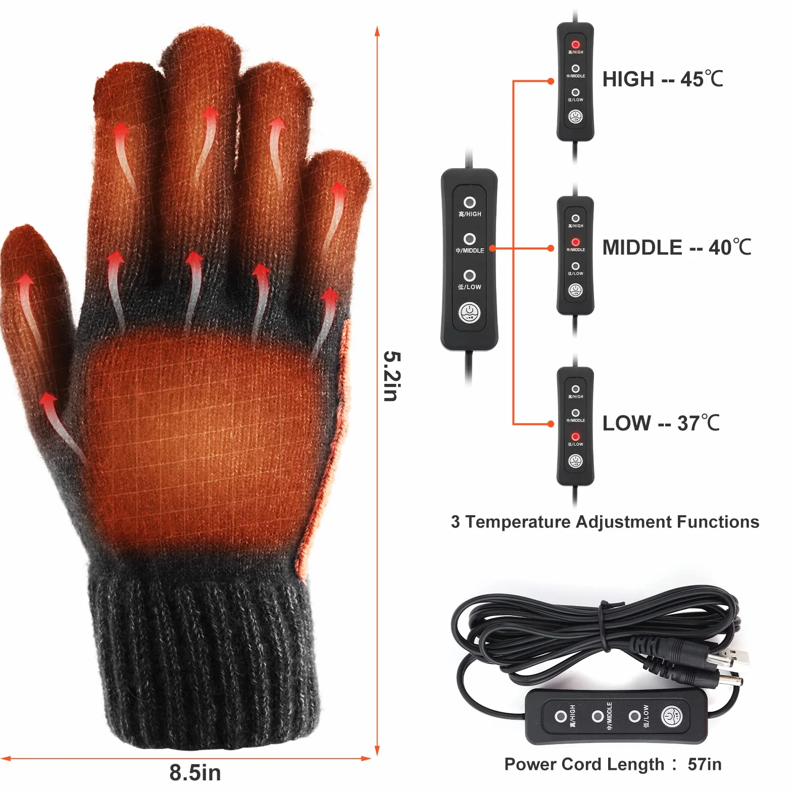 Guanti Riscaldati USB per Uomini e Donne - Invernali da Lavoro a Maglia Lavabili Con 3 Temperature Regolabili per Dito Intero