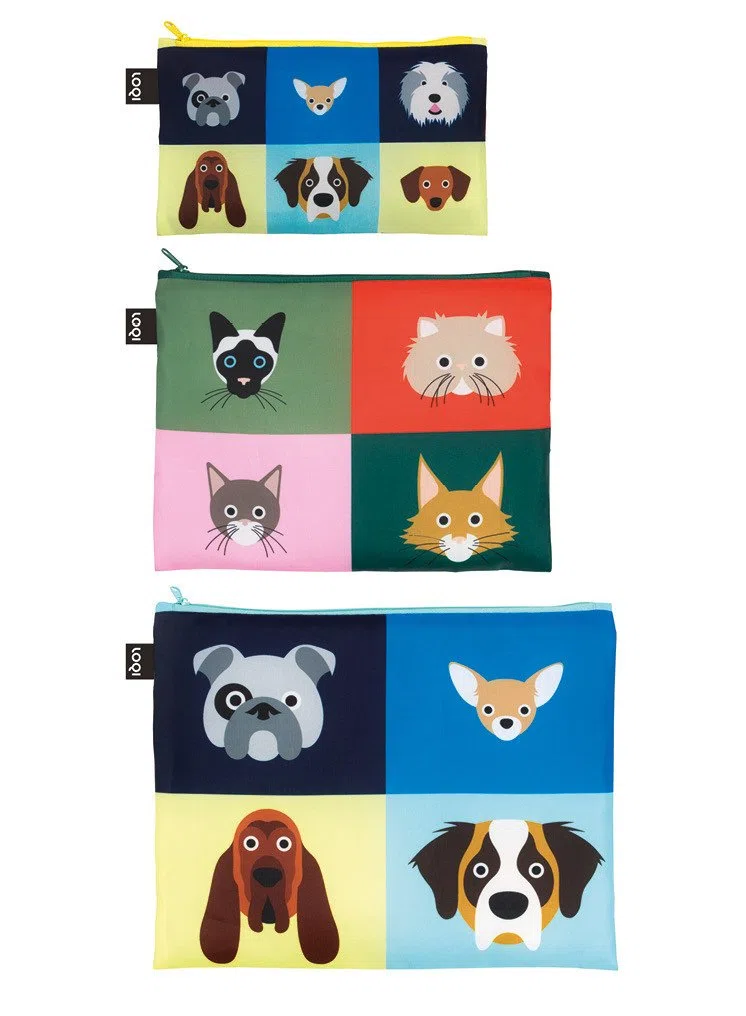 LOQI Artist Stephen Cheetham Dogs & Cats Zip Pockets Porta carta di identità, 32 cm, Multicolore (Multicolour), 3 Pezzi