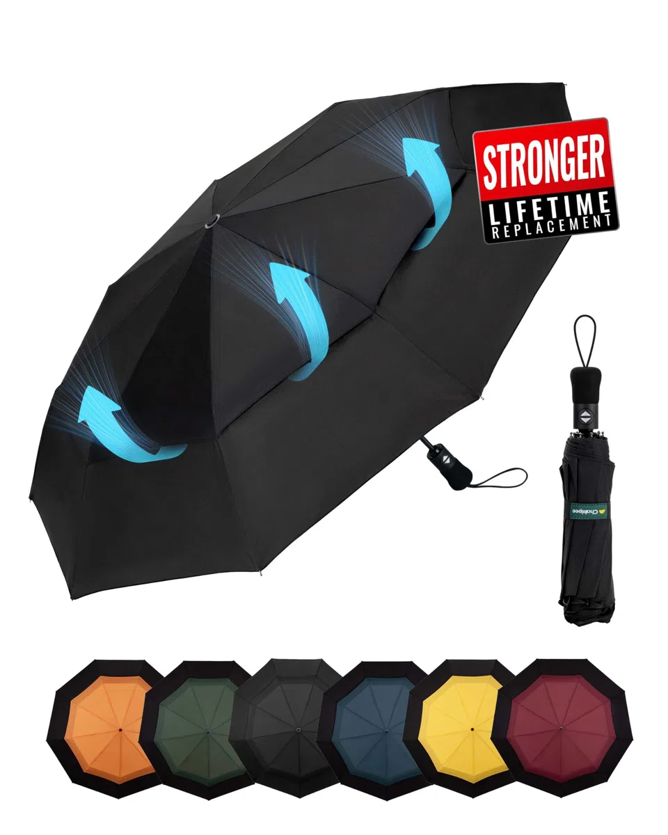 Ombrello Pieghevole Pioggia da Viaggio Antivento - Ombrelli Portatile per Uomo Doppio Baldacchino Ventilato, Automatico Apri Chiudi, 9 ossa Rivestimento in Tessuto 210T Apertura 102 cm