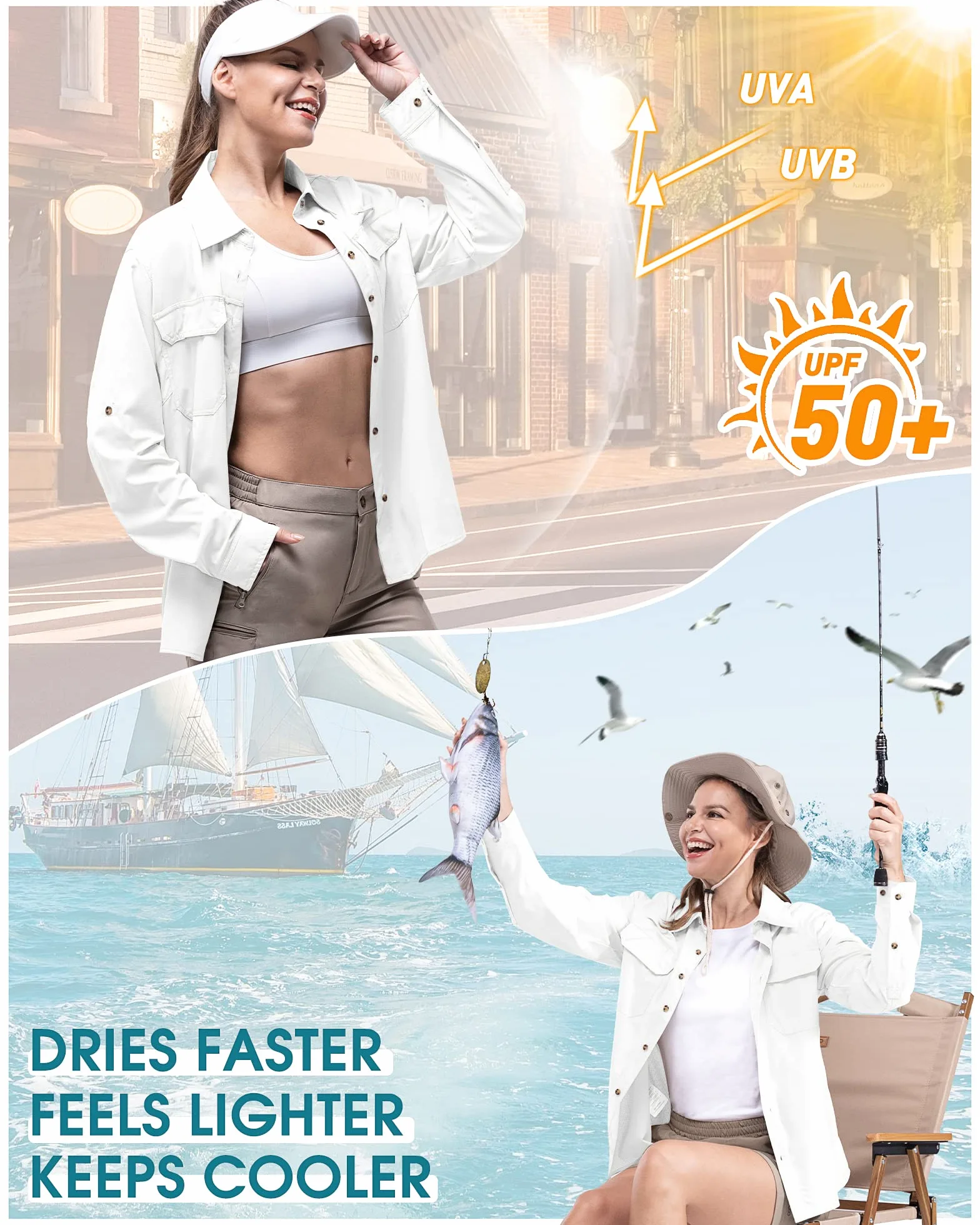 Camicia da trekking da donna da 10 m, protezione UV UPF50+, ad asciugatura rapida, casual, a maniche lunghe, per pesca, passeggiate, safari, viaggi, golf