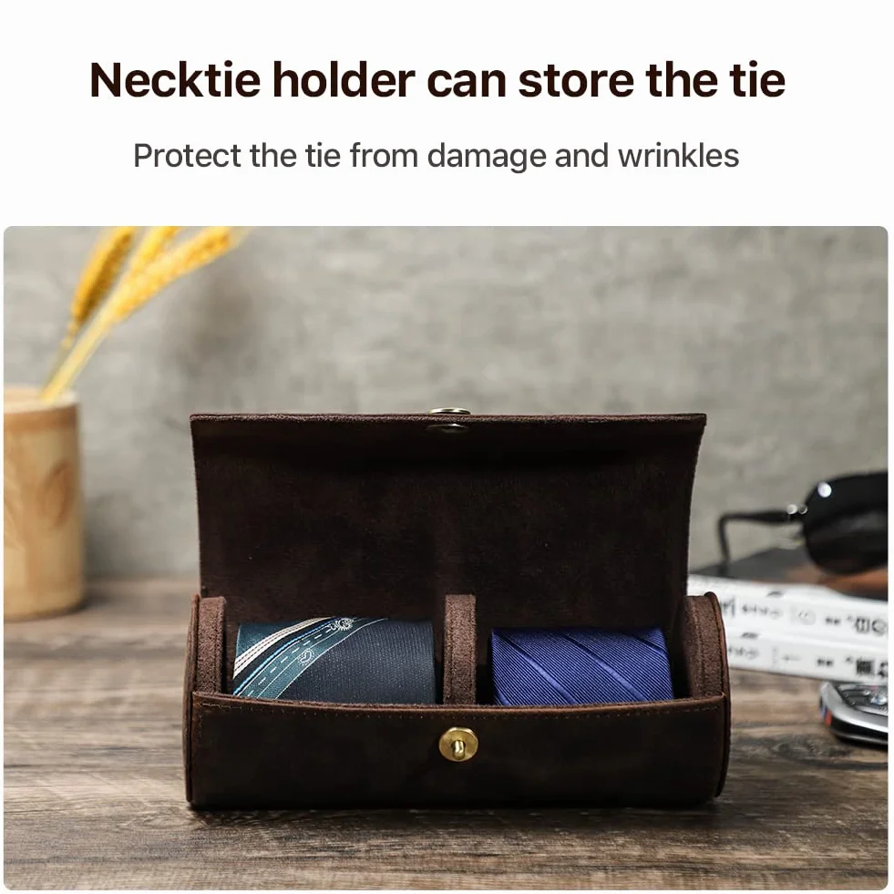 Cravatta Organizzatore Holder in Vera Pelle Fatto Portatile per 2 Cravatte, Caso di Conservazione Rotolo per Uomo