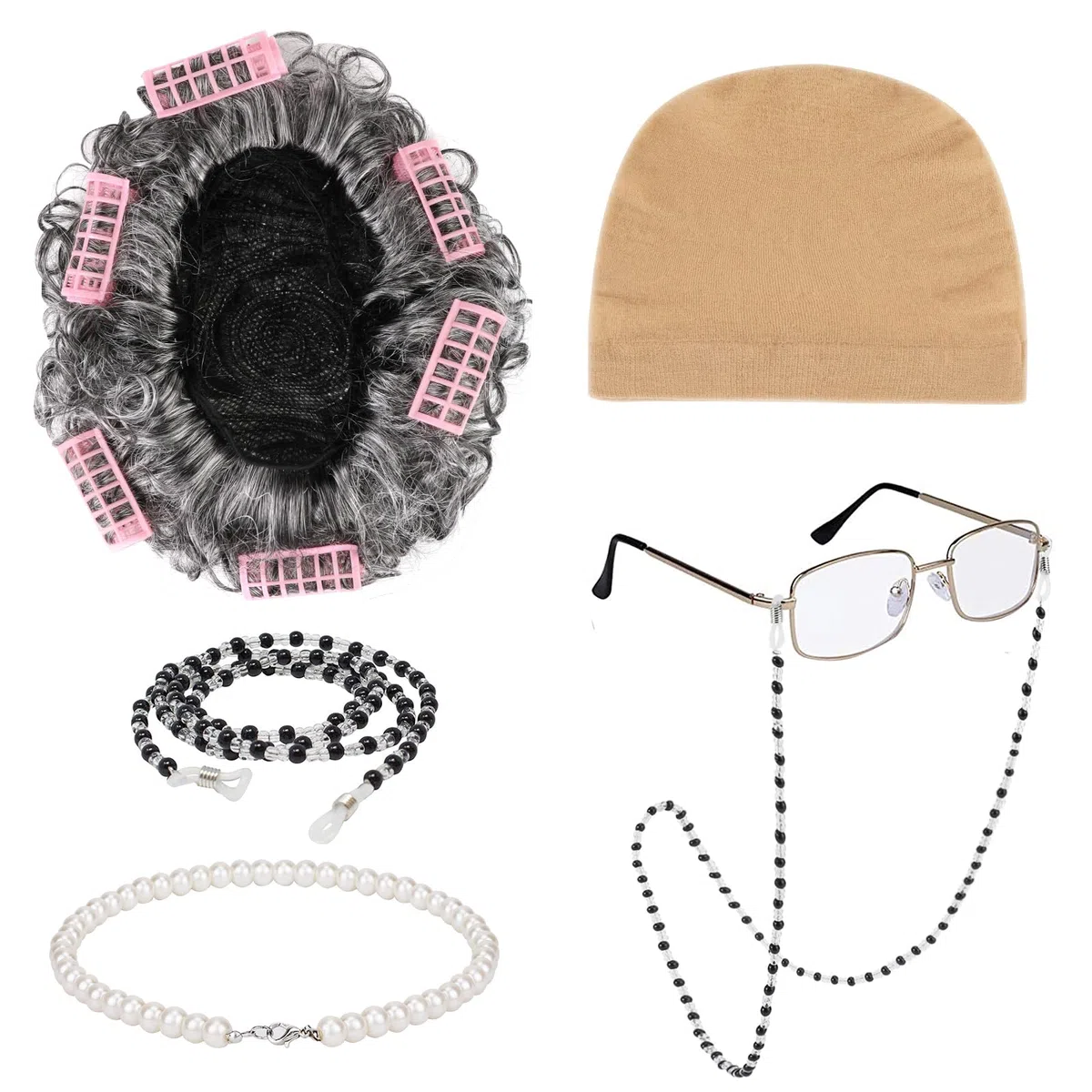 XEPST Granny Vecchia Signora Accessorio Parrucca Cosplay con Parrucca Grigia Bigodino, Occhiali Nonna, Occhiali Catena, Gioielli di Perle, Costume Set Cosplay per Carnevale