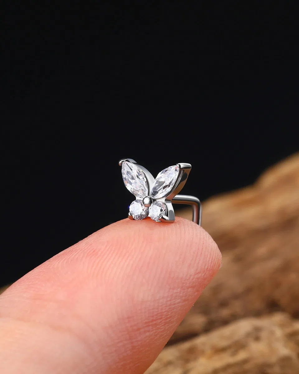 Jewseen Piercing da naso a forma di farfalla, 20 g, in titanio, con curvatura a L, con zirconia cubica, gioielli per donne e uomini