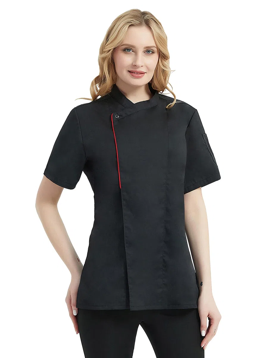 TOPTIE Camicia donna cucina Cappotto da cuoco da donna con piping a contrasto Giacca da cuoco a maniche corte con tasche