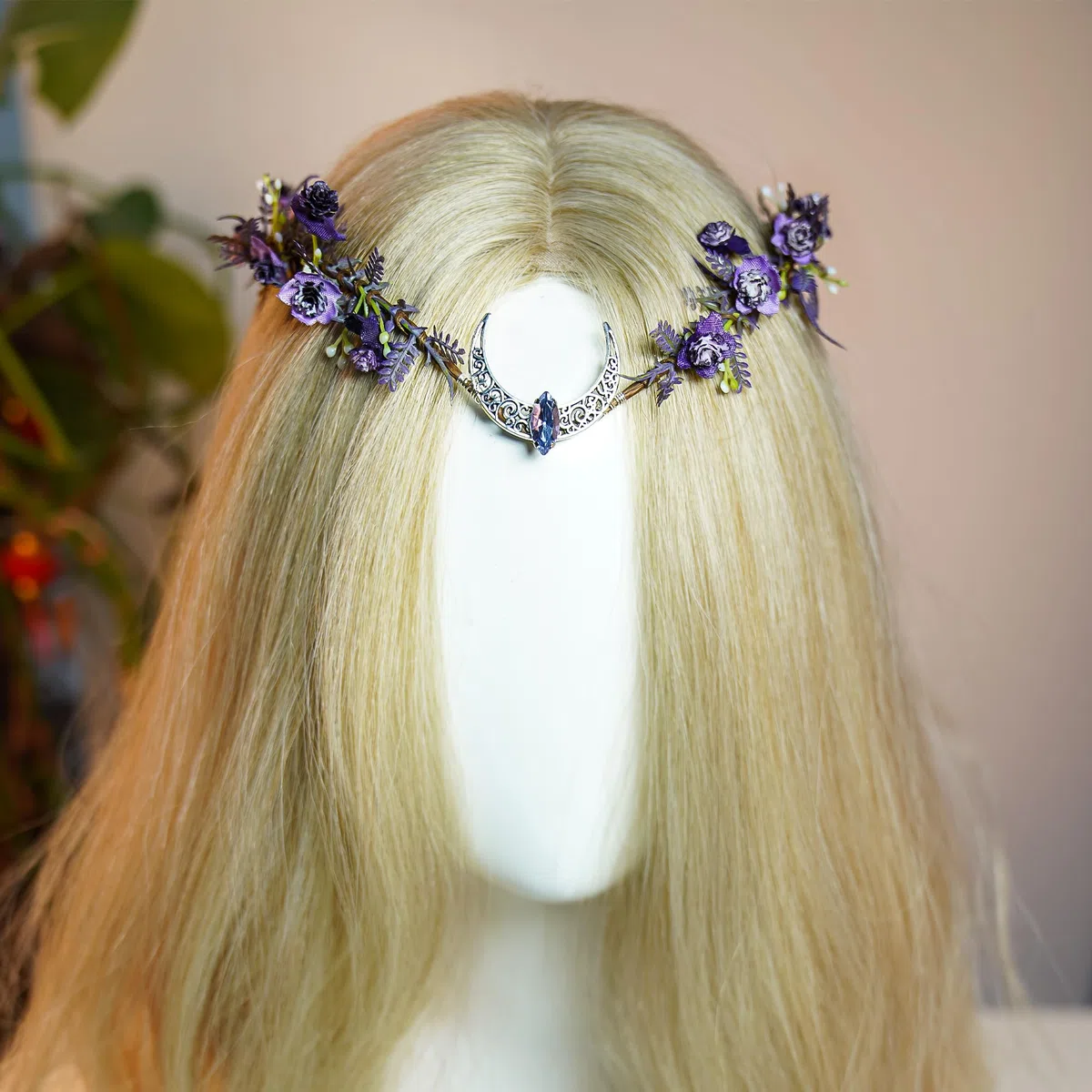 MOSTORY Corona di elfo viola per donne, copricapo da elfo lunare per festival rinascimentali, corona floreale da elfo di bosco per cosplay e servizi fotografici
