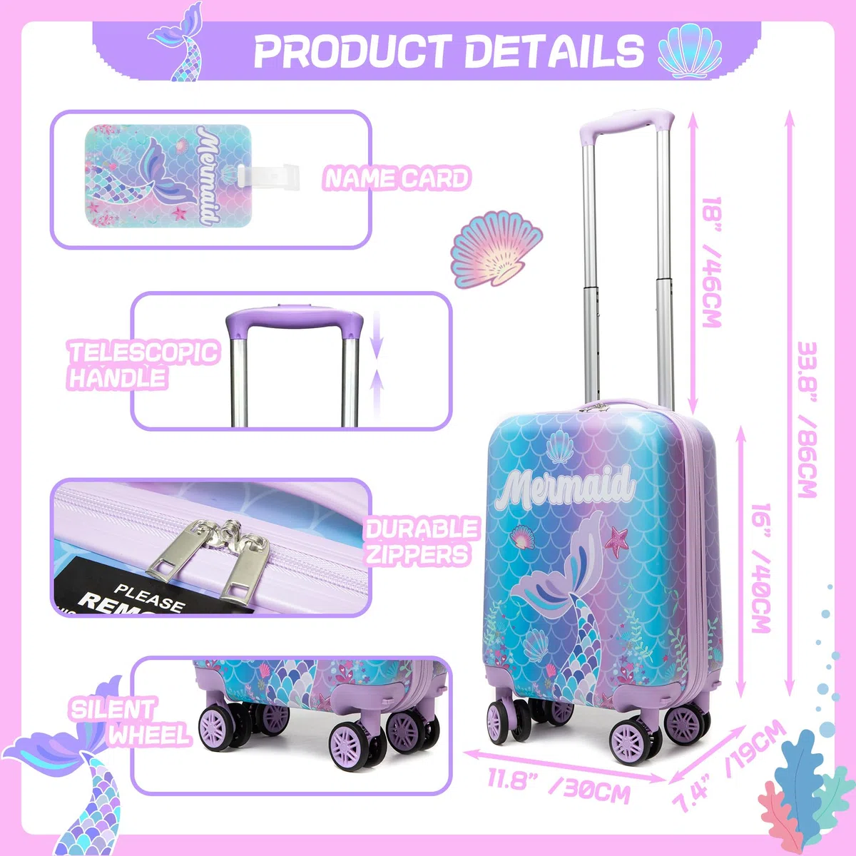 HTgroce 5 Set Valigie per Bambini, Zainetto Bambina, Cuscino per il Collo, Borsa per il Pranzo, Astuccio per Matite, Etichetta, Sirena Valigia con Ruote