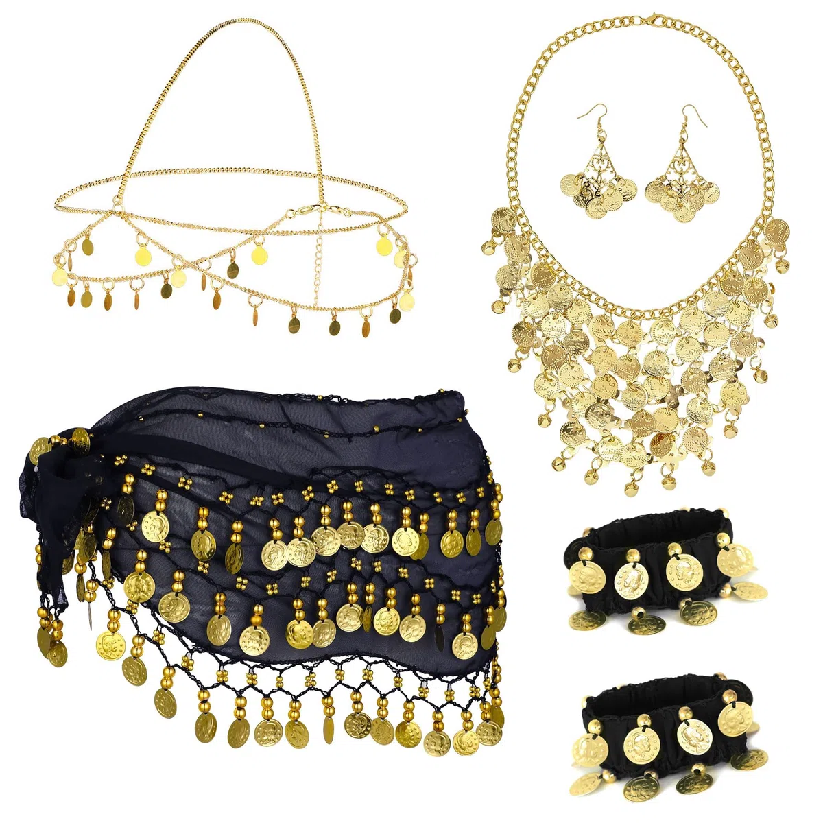 7 Pezzi Cintura Sciarpe di Danza del Ventre, Con Orecchini, Collana, Gonna, Foulard Ai Fianchi, Per Carnevale, Spettacoli di Festa