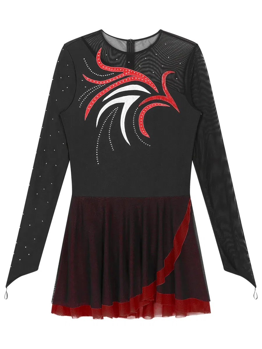 YiZYiF Vestito Pattinaggio Artistico Donna Manica Lunga Glitter Strass Vestito Danza Classica Ballerina Leotards da Balletto Costumi di Danza