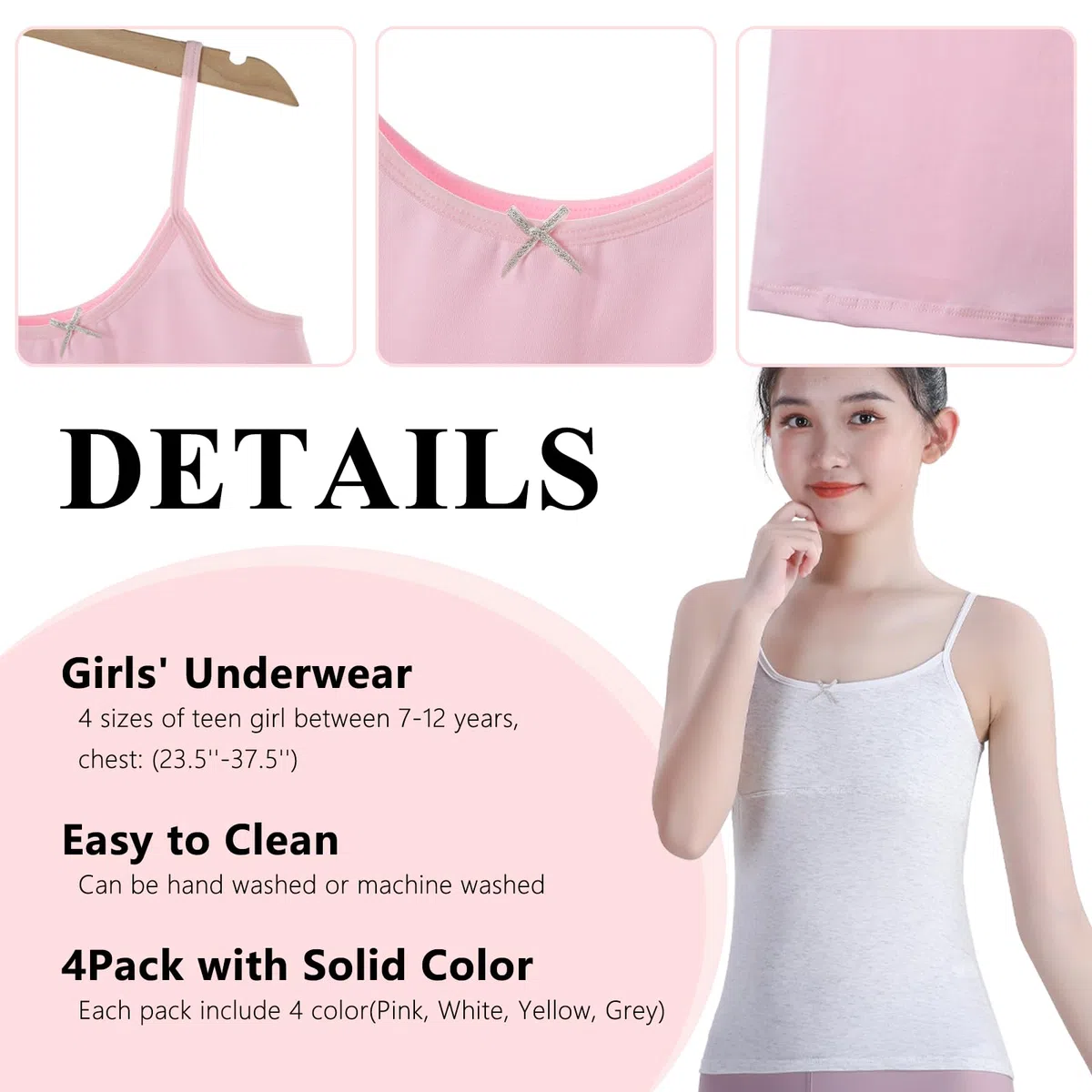 Canottiera Intima da Bambina 7-12 Anni, con Imbottitura Leggera, Camisole in Cotone, Canottiere da Allenamento, Confezione da 4
