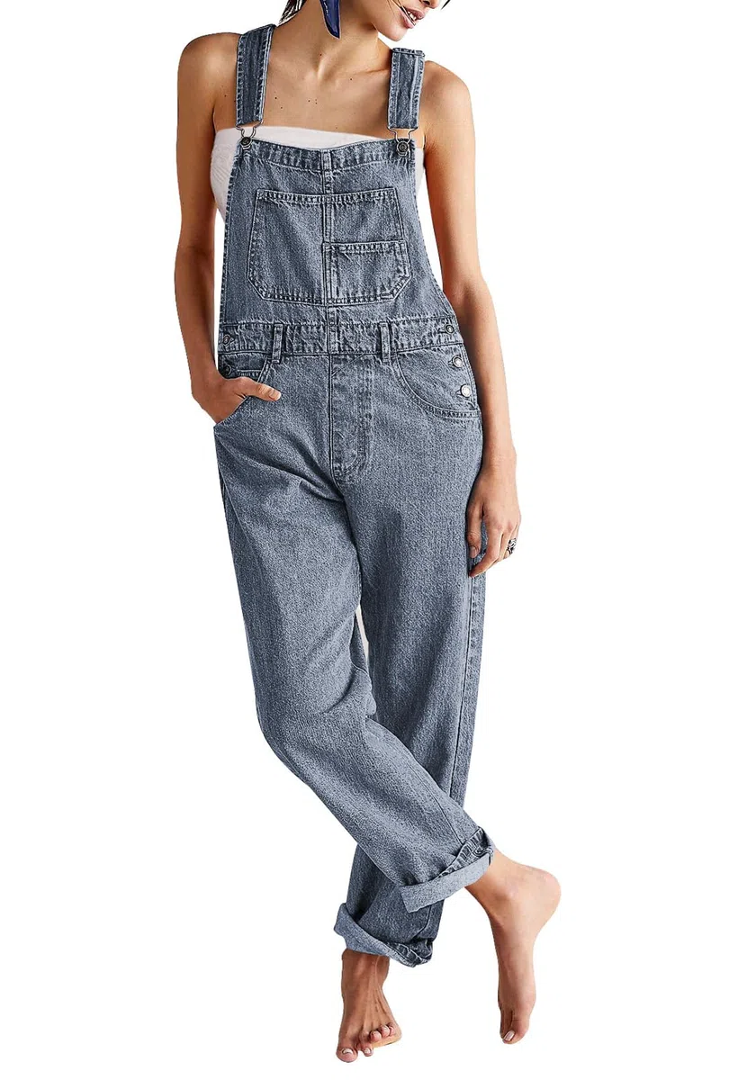 Sovoyontee Salopette da donna estiva, larga, in jeans, con bretelle