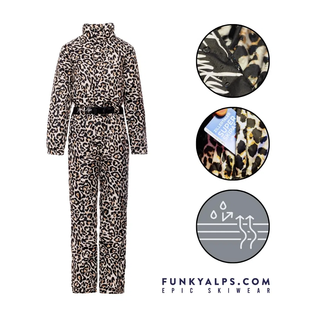 Funky Alps – Tuta da sci Panther Print – Panter Leopard – Tuta da sci – Tuta intera – Onesie – Impermeabile e antivento – Unisex – Stampa – Taglia S-XXL