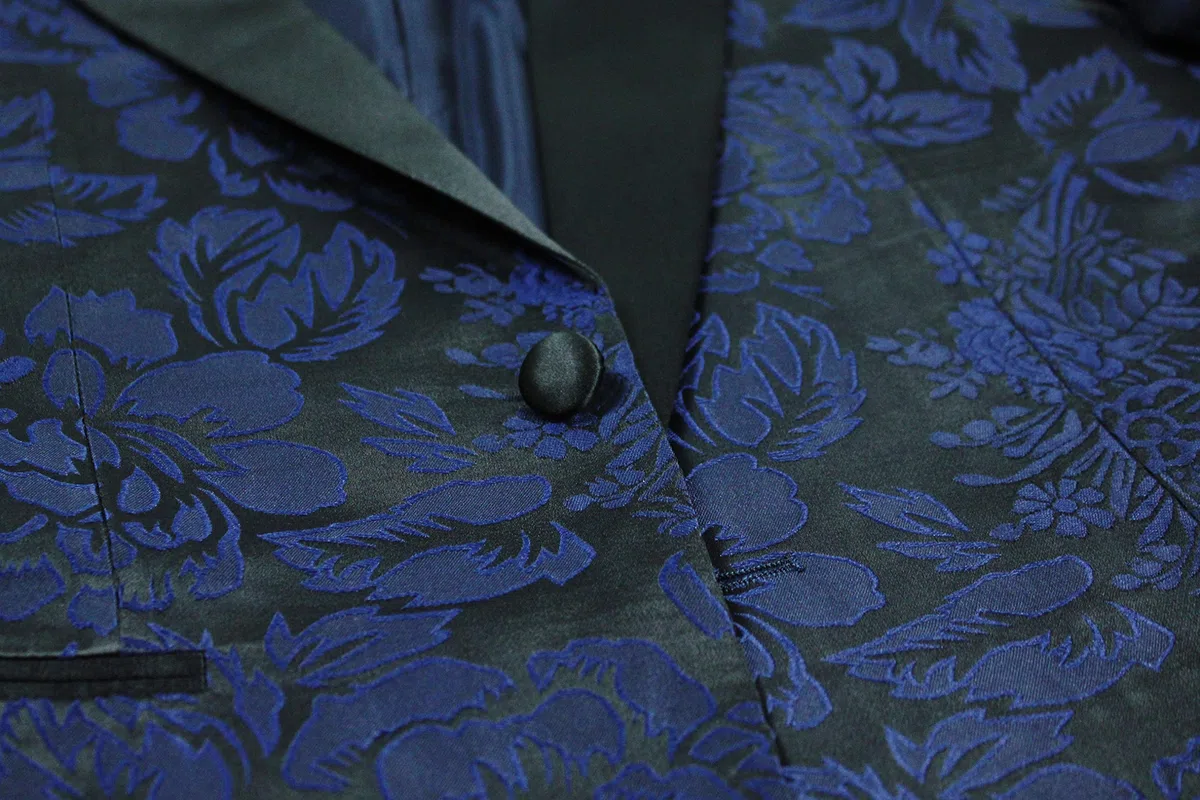 Abito Completo Uomo Blu Raso Damascato Floreale Smoking Elegante Cerimonia