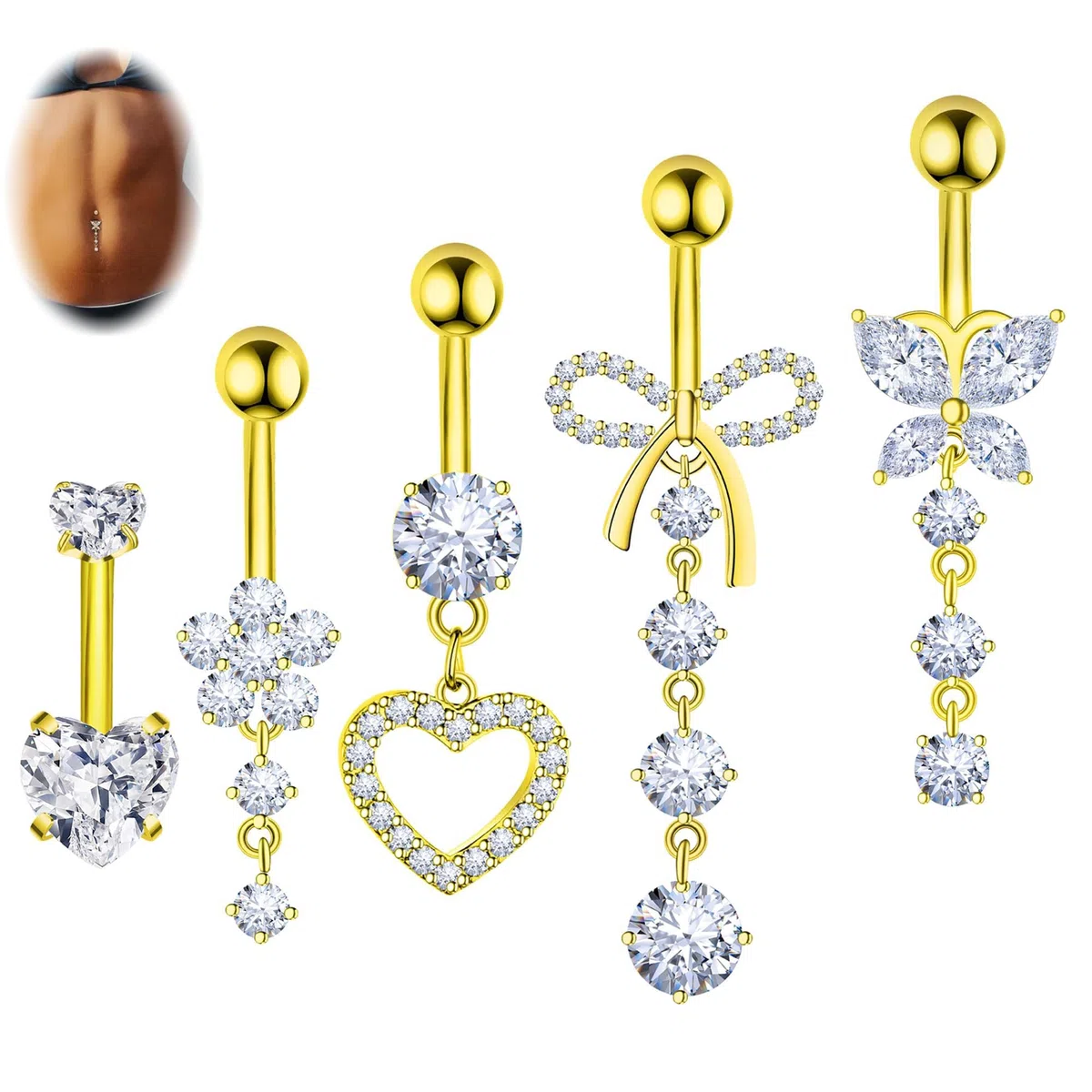 5 Pezzi 14G Piercing Ombelico Acciaio Chirurgico per Donna Piercing Ombelico Anallergico CZ Cuore Farfalla Lacrima Pendenti Ombelico Anello Gioielli per Donna Uomo