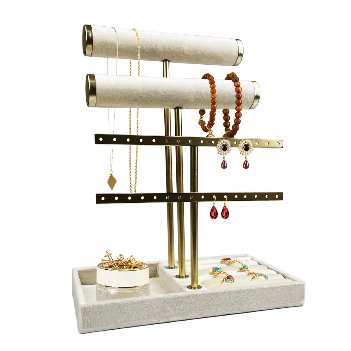 Supporto per Gioielli Bracciali con 4 Livelli, Porta Collane e Orecchini, Espositore, Rimovibile per Vassoio Anello in Velluto, per Braccialetto, Collana, Orologi, Anelli, Beige