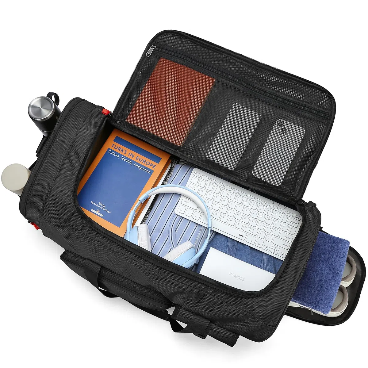 Borsa da Viaggio e Borsone Sportiva da Uomo 70L Grande Zaino Palestra con Porta Scarpe per Viaggio, Campeggio, Sport, Nero