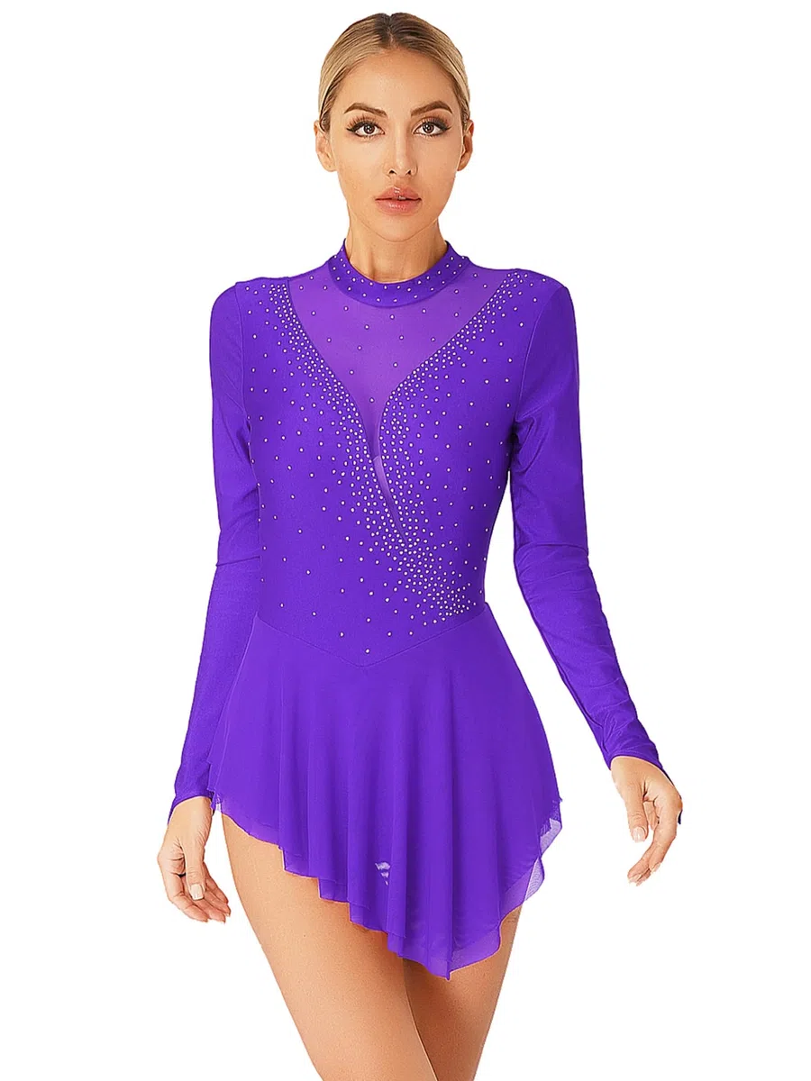 Freebily Abito da Pattinaggio Artistico sul Ghiaccio Donna Vestito Danza Classica Ballerina Moderna Strass Leotards da Balletto Abito da Danza Lirica Contemporanea Dancewear