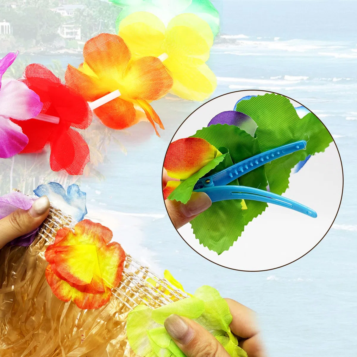 FUIPVGI Set di 9 pezzi con gonna hawaiana Leis Hula, ghirlande hawaiane, gonna hawaiana da donna, top bikini con fiori, per adulti, per travestimento estivo, spiaggia, notte, bar, feste tropicali