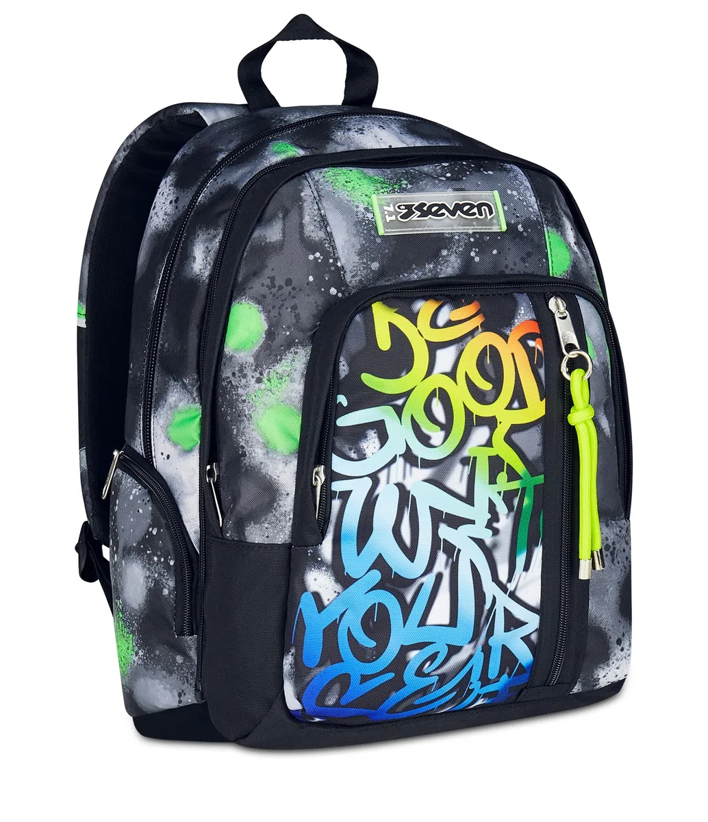 Seven Zaino Scuola Dual Detach SPRINT PAINT BOY, Nero Verde, Doppio Scomparto da 32 L, Con Tasca PC, Tasca Borraccia, Tasca Con Organizer e Scomparto Staccabile, Scuola Media e Superiore
