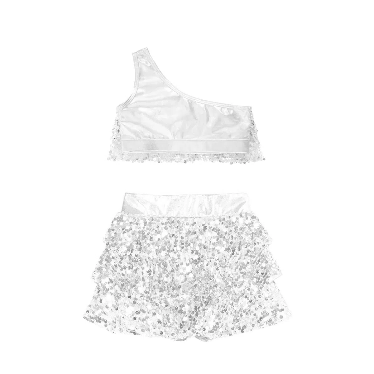 Freebily Vestito da Ballo Bambina Latino Americano Monospalla Abito da Ballo Tango Paillettes Crop Top Canotta + Gonna di Danza Classica Culottes Vestito da Pattinaggio Jazz