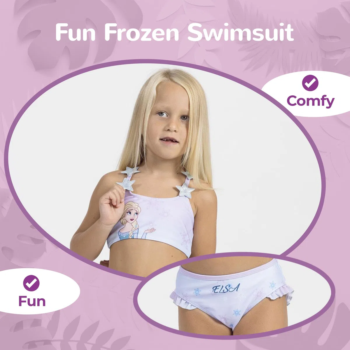 Bikini da bambina Frozen Elsa – Costume da bagno a 2 pezzi da ragazza – Spalline a stella – leggero e ad asciugatura rapida