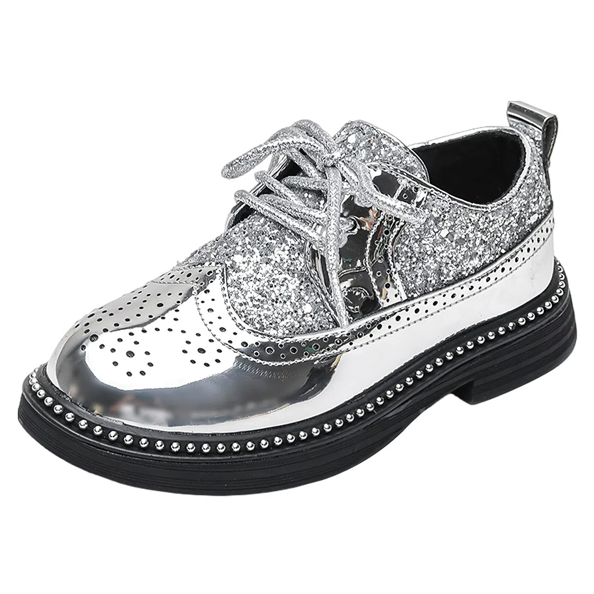 rismart Ragazzi Ragazze Stringata Brogue Oxfords Punta Rotonda Scintillante Paillettes Scarpe da Vestito Formali